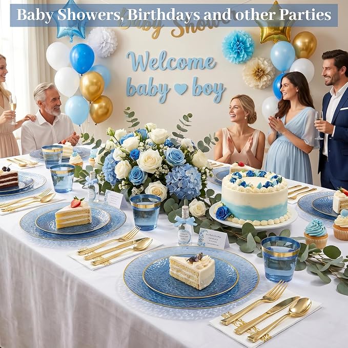 DaYammi 350PCS Blue Plastic Dinnerware Set, Plastic Plates Disposable Hammered Disposable Plates for Party, Include: 50 Dinner Plates 50 Dessert Plates 150 Gold Silverware 50 Napkins 50 Cups
