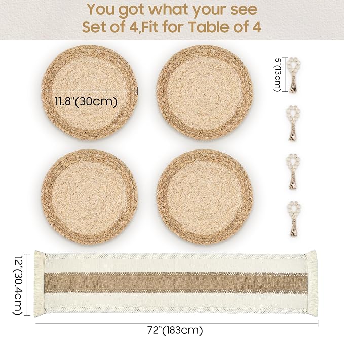 Placemats Set of 4,Natural Round Placemats with Table Runner & Napkin Rings | Made of Cotton Burlap and Corn Husk,Protective,Heat-Resistant,Non-Slip Boho Table Mats Fall Placemats for Dining Table Décor