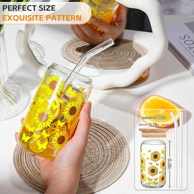 DWTS DANWEITESI Glass Cups with Lids and Straws with Design Sunflower 4 pcs,Clear Glass Cups 16 oz-Drinking Glasses Set,Glass Tumbler,Cute Design Glass Iced Coffee Cups with Lids and Straws 480ml