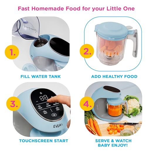 EVLA'S Baby Food Maker, Steamer, Blender, Baby Food Processor for Healthy Homemade Baby Food in Minutes, Touch Screen with 6 Reusable Food Pouches, Baby Registry Essential, Blue | Blend, Grind, Steam, and Cook Homemade Baby Food, Self Cleaning Machine ...