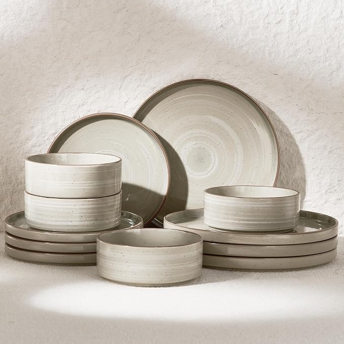 Famiware Stellar 12-Piece Stoneware Dinnerware Set, Matcha Green | Stoneware Plates and Bowls, Handmade Reactive Glaze, Microwave & Dishwasher Safe, Chip & Scratch Resistant