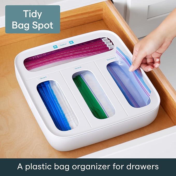 YouCopia StoraBag Food Bag Dispenser, Family Size 4-Slot, Plastic Sandwich Bags Drawer Organizer for Kitchen Storage