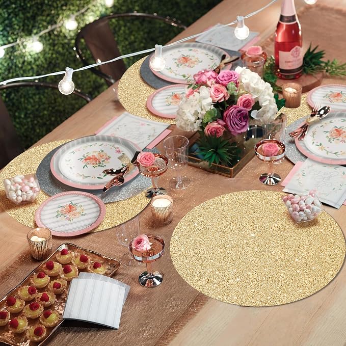 50PCS Light Gold Paper Placemats Disposable 13.4 Inch Shiny Golden Place Mats Round Decorative Glitter Table Mats for Birthday Wedding Holiday Party Decor Sparkle Dining Tableware