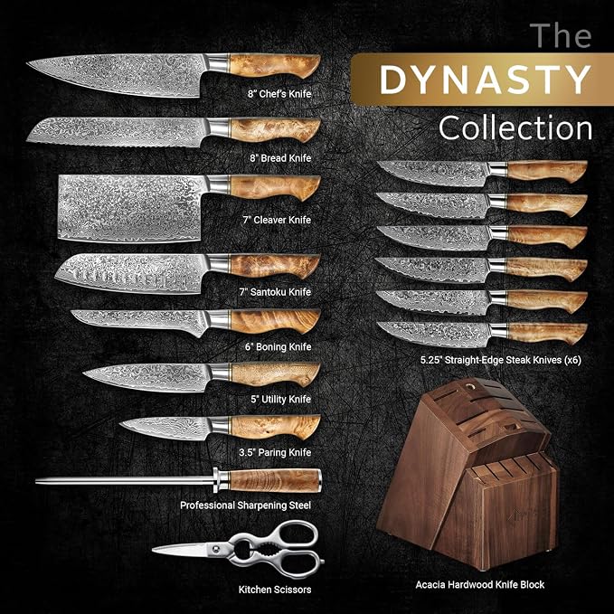 SENKEN 16-Piece Damascus Knife block Set - The Dynasty Collection - Japanese VG10 Damascus Steel with Natural Sycamore Wood Handles, Steak Knives, Scissors, & Sharpening Rod (16-Piece Knife Block Set)