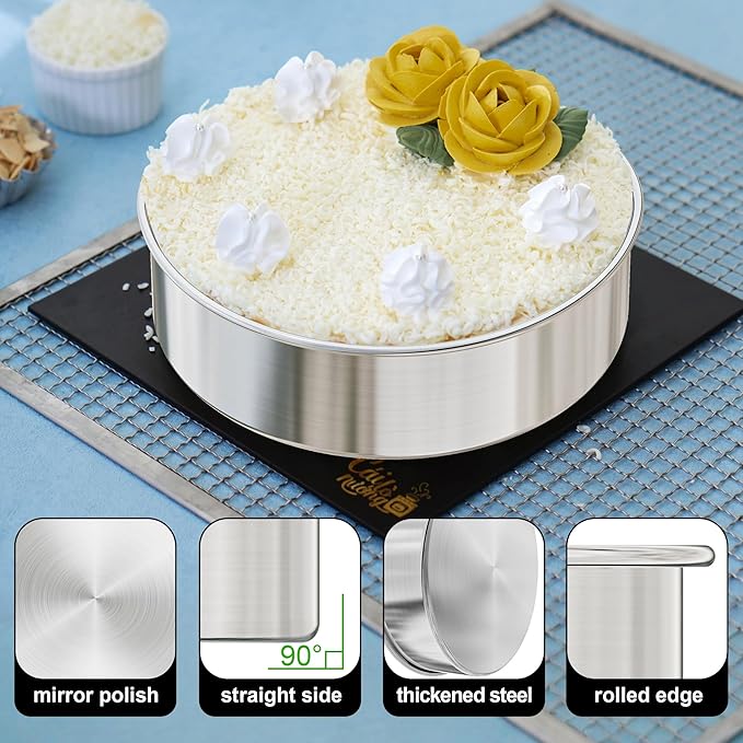 9½ Inch Round Cake Pan, 2PCS Stainless Steel Cake Pans &100 Parchment Paper | Nonstick Circle Round Cake Pans Tins for Birthday Baking Layer Cake, Healthy & Non-Toxic, Silicone Spatula & Dishwasher Safe