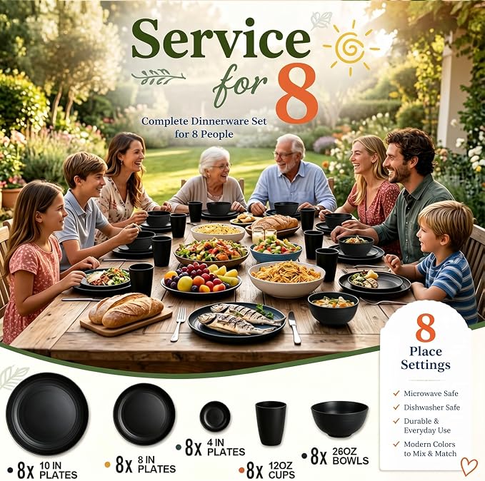 Wheat Straw Dinnerware Sets 40PCS, Black Plates and Bowls Sets for 8 | Unbreakable Dishes Set, Microwave Safe Dinnerware Sets, Dinner Plates/Cereal Bowls/Sauce Dishes/Drink Cups for RV, Apartment