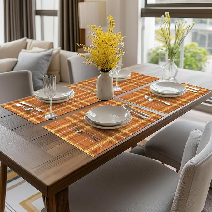 Artoid Mode Orange Striped Check Thanksgiving Vinyl Placemats Set of 4, Heat Resistant Non-Slip Woven Plastic PVC Place Mat for Party Kitchen Dining Decor