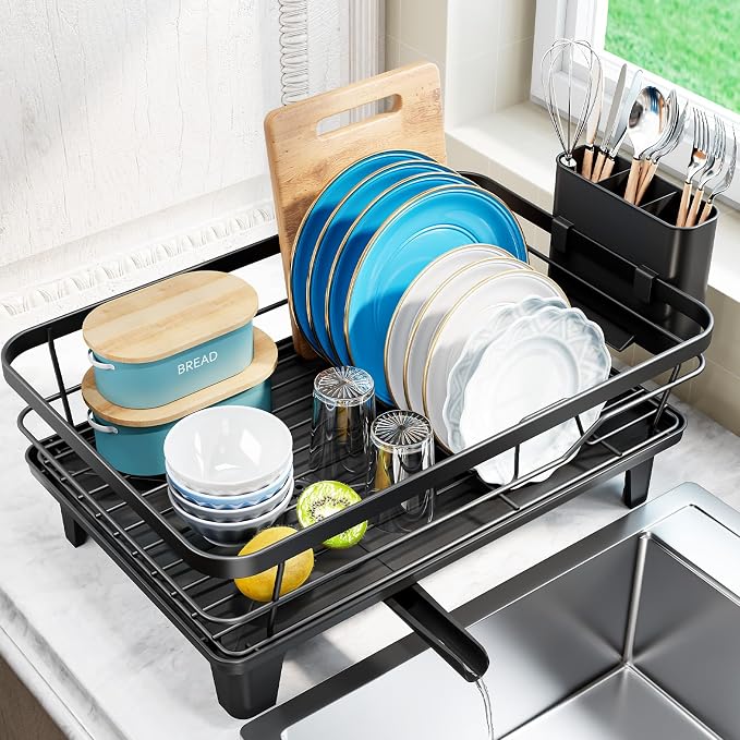 Urakify Dish Drying Rack for Kitchen Counter, 16.5" L x 12.2" W, Black | Large Dish Drainer with Cutlery Holder, Sink Dish Rack with Drainboard for plate dish silverware, Space Saving
