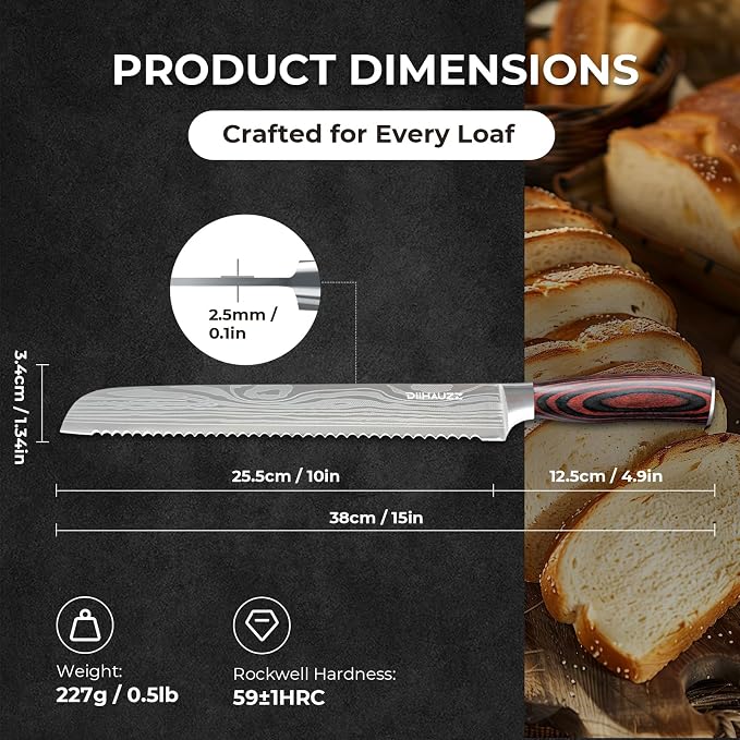 DiiHAUZZ 10 Inch Bread Knife, Serrated Knife for Homemade Bread Sourdough | High Carbon Stainless Steel, Razor Sharp Edge, Ergonomic Pakkawood Handle, for Cutting and Slicing Bagel Cake, Gift Box