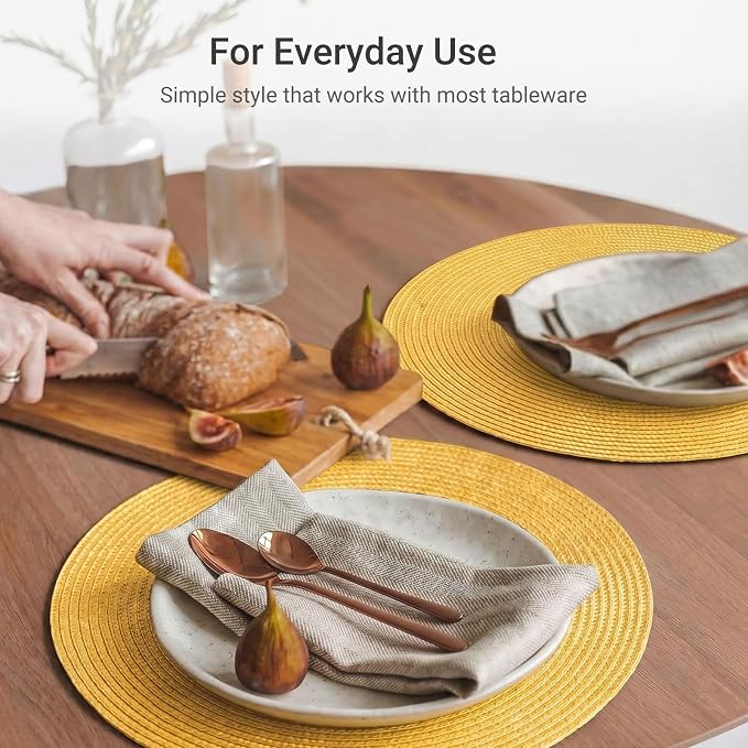FunWheat Round Braided Placemats Set of 4 Table Mats for Dining Tables Woven Washable Non-Slip Place mats 15inch (Yellow, 4pcs)