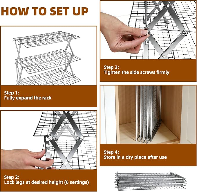 5 Tier Collapsible Cooling Rack Sourdough Cooling Rack 17"x10" | Cooling Racks for Cooking and Baking, Roasting, Grilling, Adjustable 6 Setting Design stackable, Oven & Dishwasher Safe