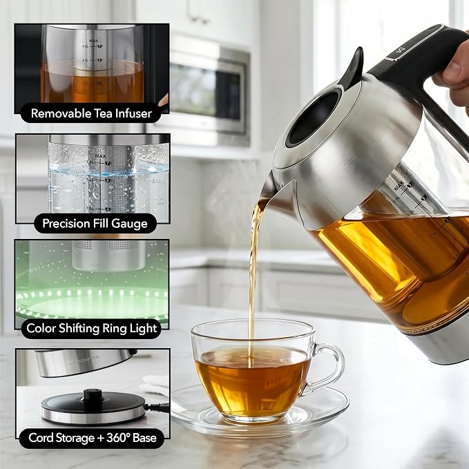 OVENTE 1.8L Glass Electric Kettle with Tea Infuser, Silver KGD752S | 1500W Fast Boiling, Easy Fill Lid, 7 Temperature Control, Keep Warm, Digital Display, Auto Shut-Off, Boil-Dry Protection