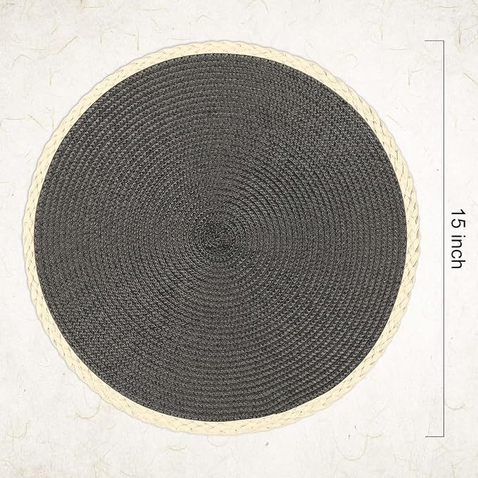 Round Placemats Set of 6, Woven Table Mats, Thin Edge, Charcoal Grey | Braided Paper Edge, 15 Inch Diameter, Fits Dinner Plate and Flatware, Wipeable, Heat Resistant, Indoor Dining, Outdoor Patio