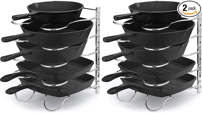 Heavy Duty Pan Rack, Pot Lid Rack, Kitchen Cabinet Pantry Cookware Organizer Rack Holder with 5 Adjustable Dividers, Chrome (Pack of 2)