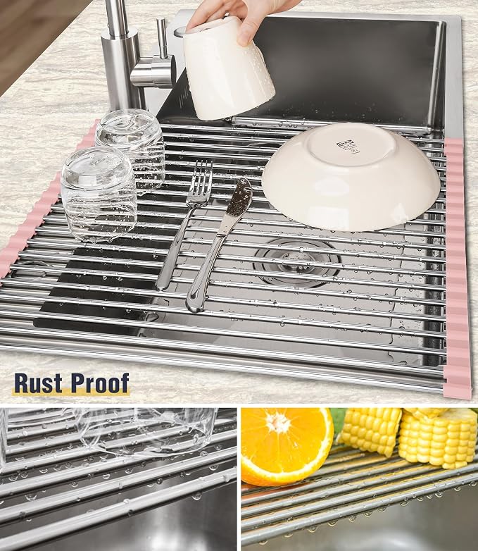 Tomorotec Roll Up Dish Drying Rack Over Sink, 304 Steel, 17.7x15.5, Pink | Anti-Slip Silicone Rims For Grip, Heat-Resistant Trivet Mat Holding Heavy Cookware, Rustproof Kitchen Counter Space Saver