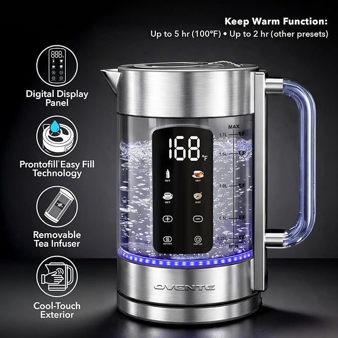 OVENTE 1.7L Glass Electric Kettle with Tea Infuser, Silver KGD913S | 1500W Fast Boiling, Easy Fill Lid, 4 Temperature Control, Double-Wall Cool-Touch Design, Color-Changing LED, Keep Warm