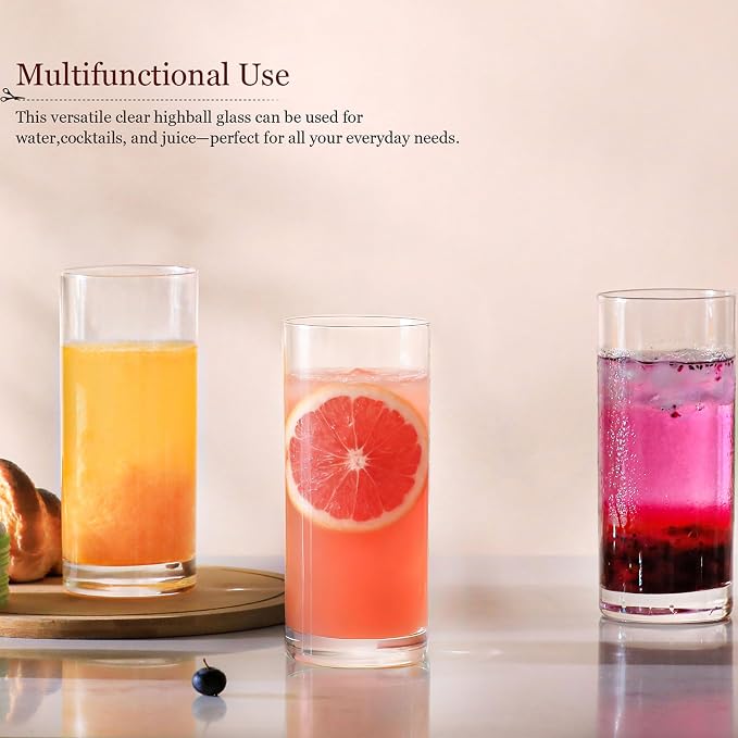 Wlasss Drinking Glasses Set of 8, 16oz Glass Cups, Kitchen Highball Glasses for Beer, Juice and Cocktail, Collins Water Glasses for Bar Glassware, Unique Gifts for Christmas