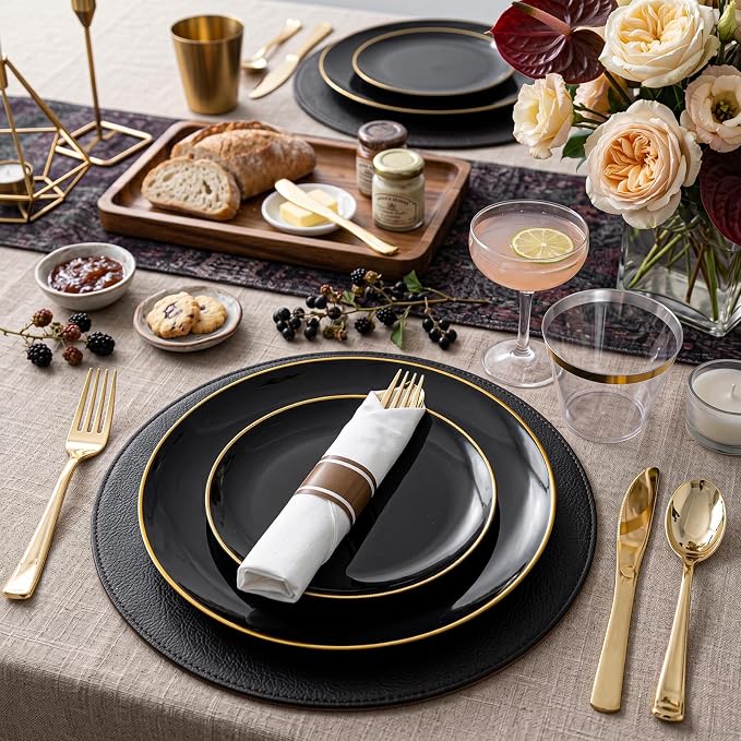 KIRE 350 PCS Black and Gold Plastic Plates - Plastic Dinnerware for Wedding | Include 100PCS Black Disposable Plates, 50PCSPre Rolled Napkins with Silverware & 50PCS Cups for Party/Halloween/New Year