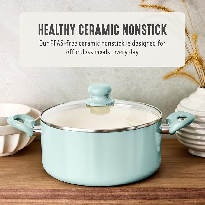 GreenLife 5QT Ceramic Nonstick Stockpot with Lid, Mint Green | PFAS-Free Nonstick Coating, Casserole Pot, Soup Pot, Pasta Pot, Induction Ready, All Stovetop Compatible, Dishwasher Safe