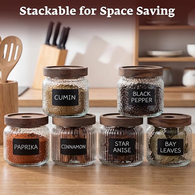 6 Pcs Small Glass Food Storage Jars with Wood Lids 12 oz Coffee Container with Airtight Lid for Kitchen Organization Glass Pantry Canister with Jar Labels for Beans Spice Tea Sugar