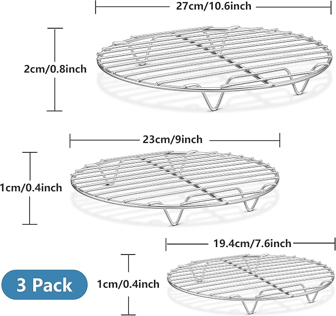 Herogo Round Baking Rack Set of 3, 10.6” & 9” & 7.6”, Stainless Steel Cooling Cooking Racks, Grill Steamer for Oven Pot Air Fryer Canning, Rust Free, Dishwasher Safe