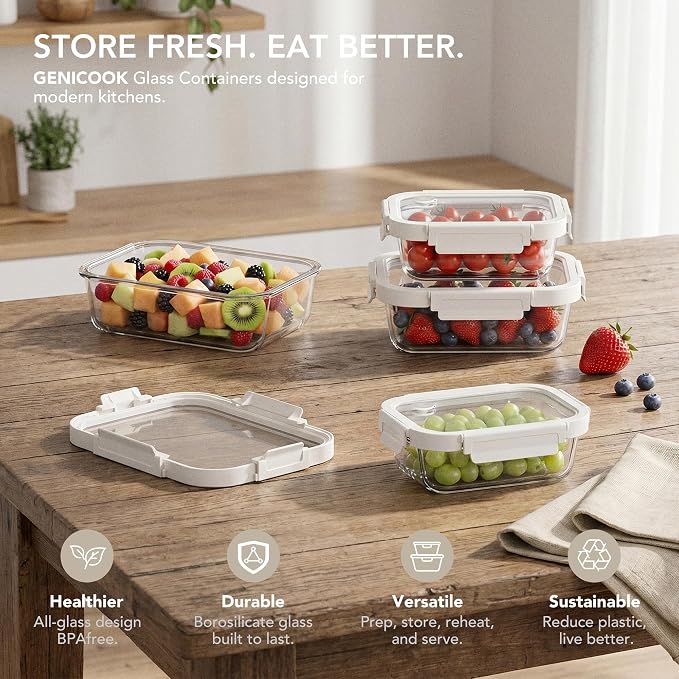 4 Pack Glass Produce Storage Containers for Fridge with Glass Lids | 82oz Borosilicate Produce & Meal Prep Containers, Airtight Leakproof BPA Free Fridge Organizer, Microwave Dishwasher Safe