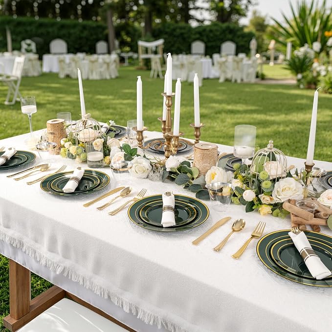 175PCS Green Plastic Plates - Green and Gold Disposable Plates 25Guests Plastic Plates with Rolled Napkins for Birthday/Party/Wedding