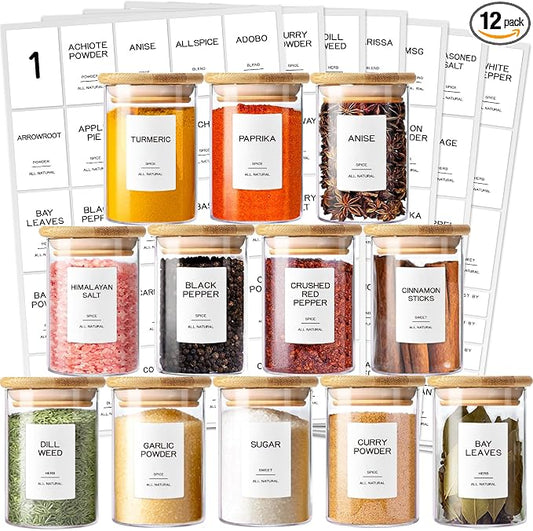 12 Pcs Glass Spice Jars with Bamboo Airtight Lids & 201 Labels - 8oz Small Empty Food Storage Containers for Kitchen, Seasonings, Herbs, Salt