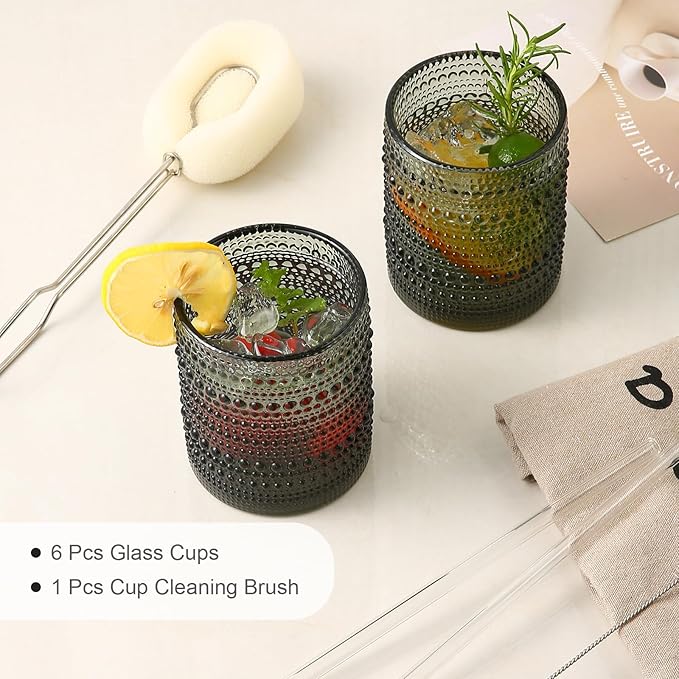 ZMOWIPDL Drinking Glasses Set of 6,12oz Grey Hobnail Glass Cups | Vintage Glassware，Embossed Water Tumbler,for Beer,Cocktail,Whiskey,Juice and Various Mixed Drinks- 1 Cleaning Brush