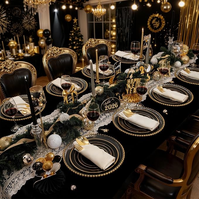 350 Pieces Black and Gold Plastic Plates with Disposable Silverware, Include 50 Dinner Plates 9”, 50 Dessert Plates 6.3”, 50 Black Cups 9 OZ, 50 Pre Rolled Napkins for Wedding/Party/Birthday/Halloween