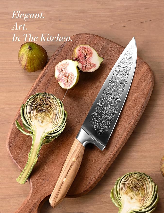 Chef Kitchen Knife 8", Embossed Botanical Blade, Olive Wood Handle | Created in collaboration with a German designer. Includes leather sheath and gift box for elegant presentation