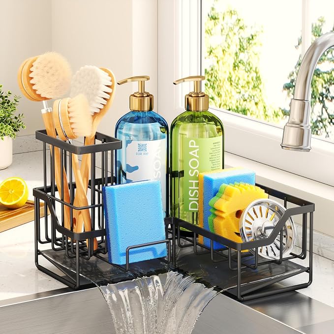 HapiRm Sponge Holder for Kitchen Sink - Rustproof L-Shaped Sink Caddy | Stainless Steel Kitchen Organizer for Corner, Self-Draining 3-in-1 Dish Brush and Sponge Storage, Space-Saving - Black(Large)