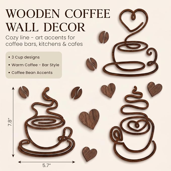 Vintage Coffee Line Art Signs, 3 Pc Wood Farmhouse Cafe Bar Decor | 3 wood pieces 7.8x5.7 in, 15 mini hearts, 10 coffee beans, 50 adhesive dots, kitchen and tabletop