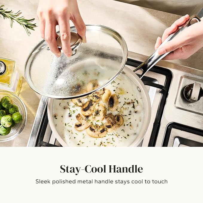Redchef Nonstick Mini Cookware Set, 8"Ceramic Fry Pan 2.5Qt Sauce Pan with Lid, Fryingpan & Pots Set, Induction Compatible, Nontoxic, Oven Dishwasher Safe, PTFE & PFOA Free, Beige