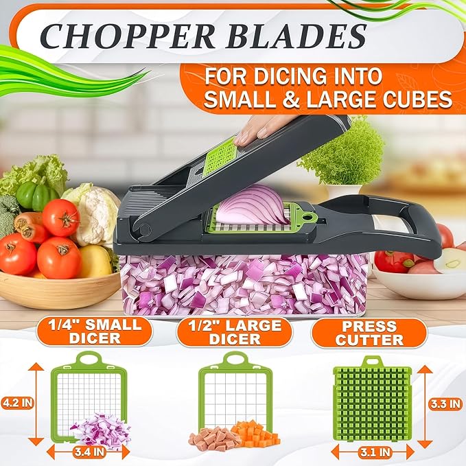 14-in-1 Vegetable Chopper with Container, 6 Blades & Finger Guard | Veggie Chopper with Container and Lid, Cheese Grater & Egg Separator, Dishwasher Safe, Dices Onion, Potato, Chips & Cubes