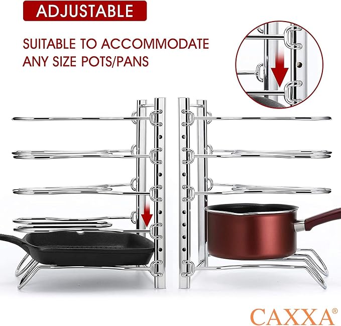 Heavy Duty Pan Rack, Pot Lid Rack, Kitchen Cabinet Pantry Cookware Organizer Rack Holder with 5 Adjustable Dividers, Chrome (Pack of 2)