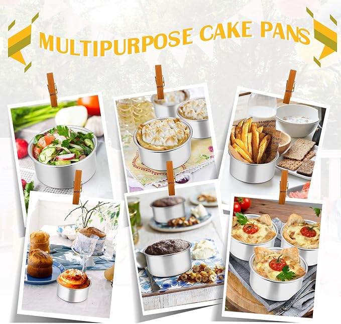 P&P CHEF 4 Inch Round Cake Pan Set of 3, Stainless Steel Baking Cake Pans | Round Baking Cake Pan Bakeware for Layer Birthday Cake, Fit Oven/Pots/Pressure Cooker, Leakproof & Dishwasher Safe, Silver