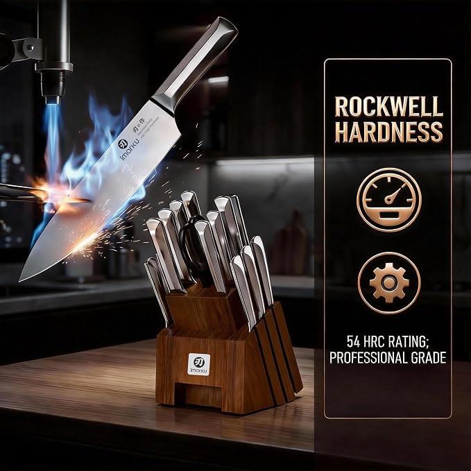 imarku 16PCS Stainless Steel Knife Set, Full Tang Design with Wooden Block | Knife Set With Block And Sharpener, High Carbon Stainless Steel Blades, Ergonomic Non-Slip Handles, Dishwasher Safe Design