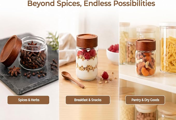 6‑Pack Small 6 Fl Oz (177 ml) Glass Jars w/Wood Lids & Spoons | Built‑in PP insert & silicone seal, airtight for oats, yogurt, spices, chia pudding & pantry