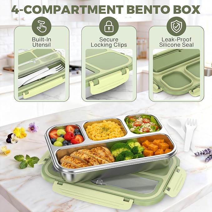 Stainless Steel Bento Box Adult Kids, Leakproof Metal Lunch Box Containers 4 Compartments, 32 Oz Reusable Food Storage Containers for Office and School, Green