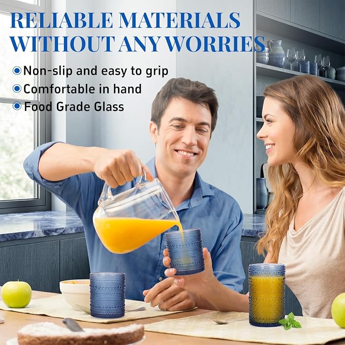 Hobnail Drinking Glasses Set of 12 Kitchen Glass Cups Glassware, Blue | 12 oz Highball Glasses & 10 oz Cocktail Glasses, Clear Embossed Glassware Set for Beer, Juice, Cocktail, Whiskey, Milk