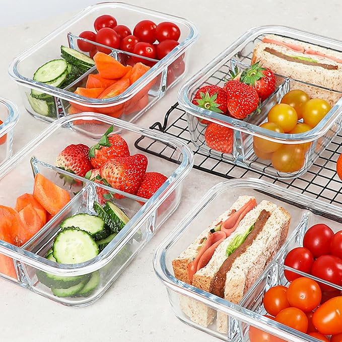 Glass Meal Prep Containers 3 Compartments, 5 Pack 36 oz, Green | Glass Food Storage Containers with Lids, Airtight Lunch Bento Box, Portion Control, Freezer and Microwave Safe
