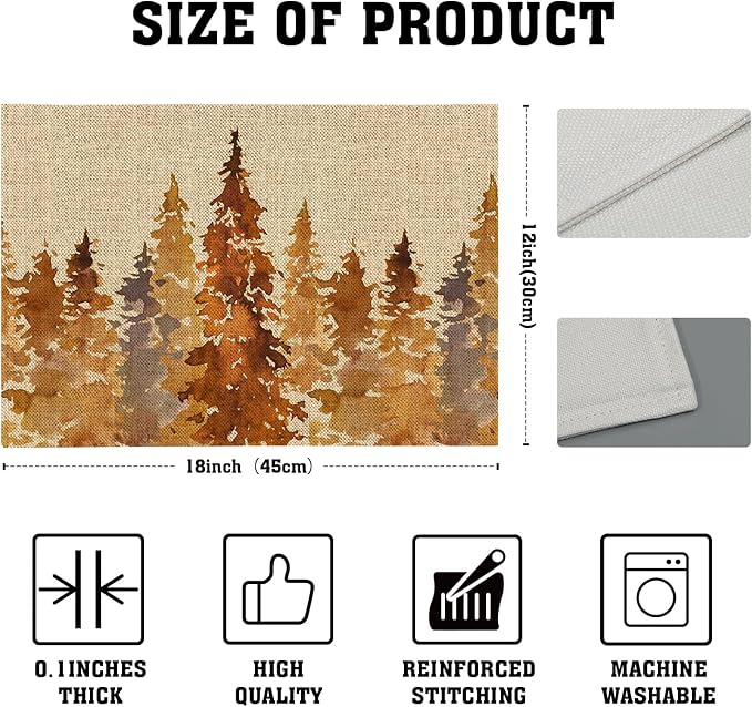 Fall Tree Placemats Set of 6 18x12 Inch Autumn Forest Linen Place Mats Heat-Resistant Washable Wipeable Orange Pine Tree Table Mat for Party Kitchen Dining Room Dinner Table Decor