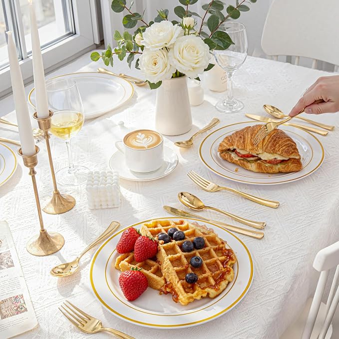 WDF300 Pieces Gold Plastic Silverware - Heavy Duty Disposable Cutlery Set Plastic Gold Silverware Set Includes 100 Forks, 100 Spoons, 100 Knives for Party/Baby Shower/Wedding/Birthday