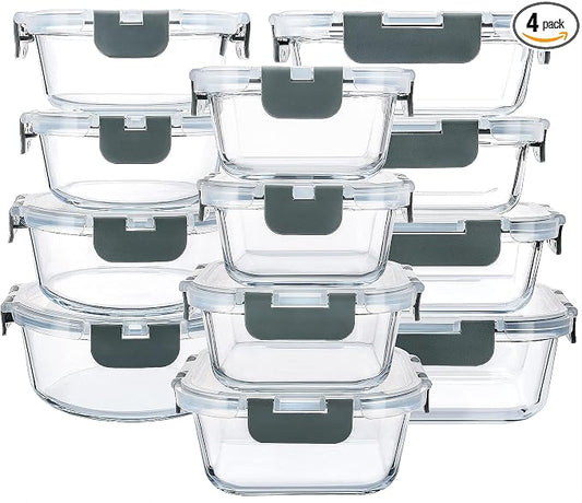 M MCIRCO 24 Piece Glass Food Storage Containers with Lids,Gray | Glass Meal Prep Containers,Airtight Lunch Containers with Lids, Microwave, Oven, Freezer and Dishwasher Friendly, BPA Free