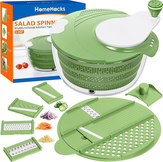 Salad Spinner Lettuce Spinner with Drainage Holes, 5 Chopping Blades, Green | 5.3 QT Large High Efficiency Fruit Vegetable Washer Dryer, Easy Press Kitchen Tool for Leafy Vegetables