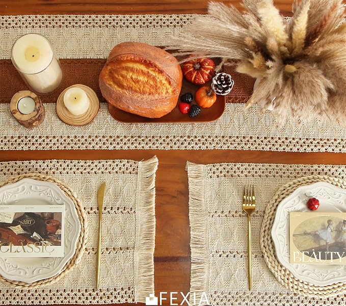 Boho Placemats Set of 6 Table Mats Farmhouse Home Dining Decor | 12x20" Place Mat Set of 6 Macrame Table Decor Farmhouse Burlap Placemats for Home Dining Table Centerpiece Home Decorations