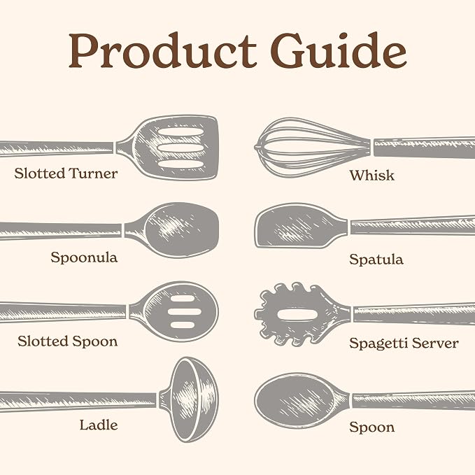 Country Kitchen Non Stick Silicone Utensil Set with Rounded Wood Handles for Cooking and Baking, 8 Piece Set, White