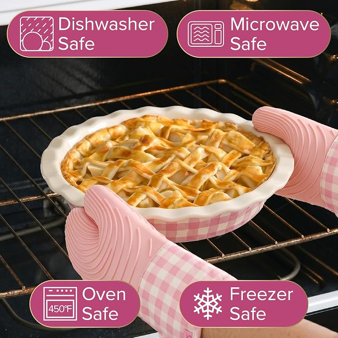 Paris Hilton Ceramic Pie Dish Set, 7-Inch and 9-Inch Stoneware Baking Dishes with Fluted Rim and Gingham Design, Oven Safe up to 450°F, 2-Piece, Pink