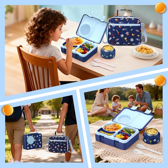 Bento Box for Kids, Leakproof Kids Lunch Box with 8.5OZ Thermo Food Jar & Lunch Bag, 3-4 Compartments Toddler Insulated Lunch Box for Girls, BPA Free Lunch Containers for School Daycare